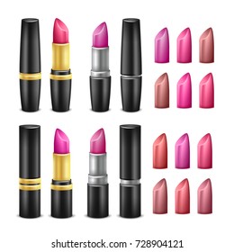 Lipstick Collection Vector. Black, Gold And Silver Tubes. Glossy Lipstick For Woman Lips Make Up. Isolated Illustration

