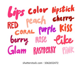 Lipstick color name set. Sticker for social media post. Vector hand drawn illustration design. Bubble pop art comic doodle cartoon style poster, t shirt print, card, beauty blogging, video cover