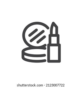 Lipstick and compact mirror line icon. linear style sign for mobile concept and web design. Make-up cosmetics outline vector icon. Symbol, logo illustration. Vector graphics