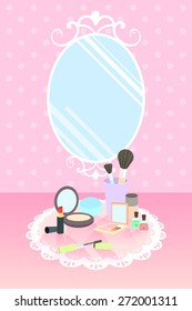 lipstick, compact powder, base, mascara, eyeshadow, brush on, nail polish, cream on lace mat and mirror on pink polka dot wallpaper