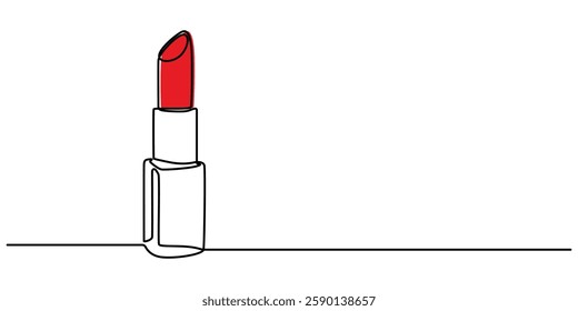 Lipstick Continuous Line Icon, Lipstick Web Banner, Lipstick Continuous Line Art Illustration, Continuous one line drawing of lipstick cosmetic vector illustration, Minimal design, make up print. 