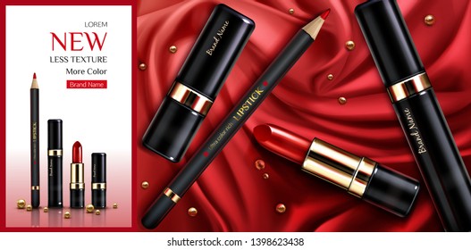 Lipstick cosmetics make up beauty product ad banner. Rouge and lip liner pencil on red silk draped fabric background with gold pearls. Luxury promo poster template for magazine, realistic 3d vector