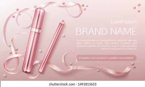 Lipstick cosmetics make up beauty product banner. Rouge and lip liner pencil on pink background with silk ribbon and pearls. Luxury promo poster template for magazine, realistic 3d vector ad banner