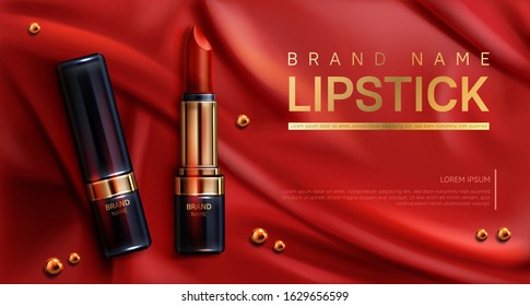 Lipstick cosmetics make up beauty product mockup banner. Makeup rouge on red silk draped fabric background with scattered golden pearls. Luxury promo poster template for magazine, realistic 3d vector