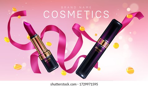 Lipstick cosmetics make up with confetti and pink ribbon beauty product banner. Makeup fuchsia colored rouge closed and open tubes. Luxury promo ad template for magazine, realistic 3d vector poster