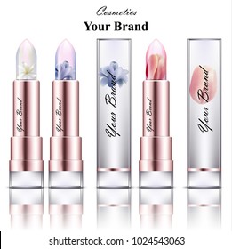 Lipstick cosmetics realistic Vector with flowers inside decor. Product packaging mock up. Luxury Set collection