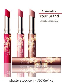 Lipstick cosmetics set collection realistic Mock up Vector. Ornament decor packaging original design