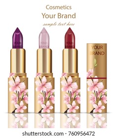 Lipstick cosmetics set realistic Mock up Vector. ornament decor, golden packaging original design. Gold colors