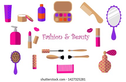 
lipstick, cream, jar, mascara, perfume, bottle, eye shadow, mirror, comb, lips, brush on a white background in the style of flat vector