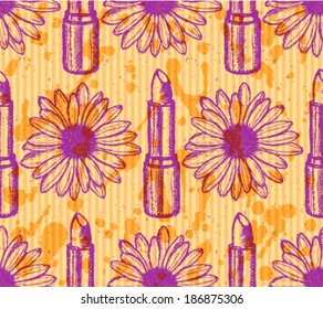 Lipstick and daisy sketch, vector retro background