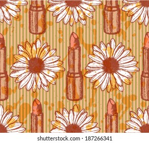 Lipstick and daisy sketch, vector retro background