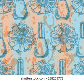 Lipstick and daisy sketch, vector retro background 