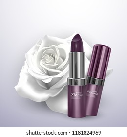 Lipstick in dark purple color in the realistic style against a background of white rose, vector eps 10 illustration