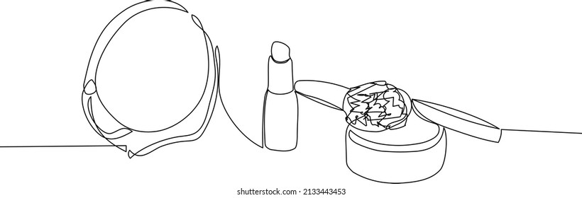 Lipstick decorative cosmetics for makeup concept. Minimalistic line art. Continuous line drawing of makeup products.