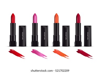 Lipstick in different color of container. Vector illustration realistic tint lipstick and its container.