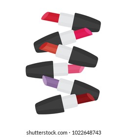Lipstick in different color. Makeup collection. Vector illustration in cartoon flat style.