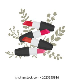 Lipstick in different color on herbal background. Makeup collection. Vector illustration in cartoon flat style.