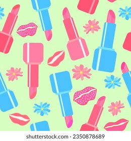lipstick with different shades and lips with lipstick applied on it with small flowers seamless vector repeat pattern. Lipstick and pretty lips with lipstick aesthetical cosmetic repeat pattern.