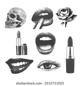 Lápiz labial, flor, boca, ojos, labios, con efecto punteado de medio tono, para diseño de collage grunge punk y2k, con efecto de fotocopia monocromo.