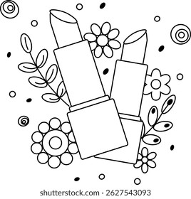Lápiz labial con composición de flores y hojas. Ilustración de línea gráfica de Vector. Arte de maquillaje cosmético lindo blanco y negro. ilustración para paquete, diseño de vacaciones, tela y textil.
