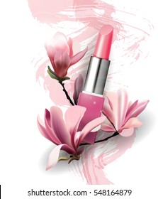 Lipstick with flowers Magnolia. Spring and beauty background.Beauty and cosmetics background. Use for advertising flyer, banner, leaflet. Template Vector.