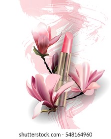 Lipstick with flowers Magnolia. Spring and beauty background.Beauty and cosmetics background. Use for advertising flyer, banner, leaflet. Template Vector.