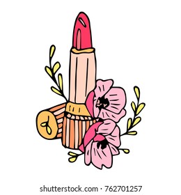 Lipstick and flowers vector illustration.  Doodle style. Design, print, logo, decor, textile, paper