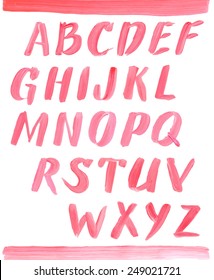 Lipstick font. Hand drawn red oil painting alphabet.