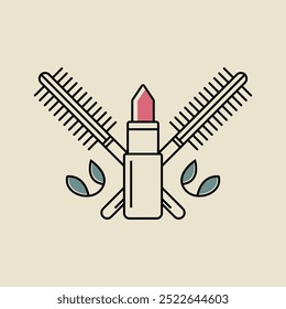 Lápiz labial y cepillo de pelo con el logotipo elegante del estilo del arte de la línea de las hojas|Ilustración vectorial