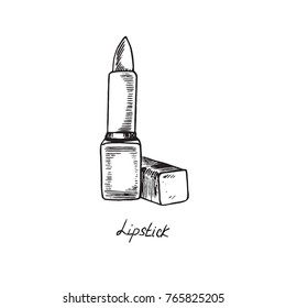 Lipstick, hand drawn doodle sketch with inscription, isolated vector illustration