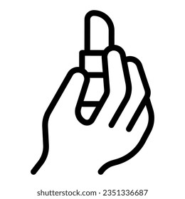 Lipstick in hand line icon, makeup routine concept, Cosmetics product in hand sign on white background, Female hand hold lipstick icon in style for and web. Vector graphics.