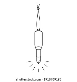 Lipstick hangs on a string with a knot. Sketch. Womens cosmetic product. Radiance. Hanging decoration. Vector illustration. Lip moisturizer. Coloring book for children. Valentines Day. 