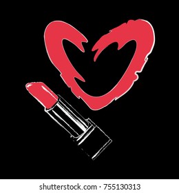 Lipstick and heart isolated on black background. Design element for make up and beauty presentations.