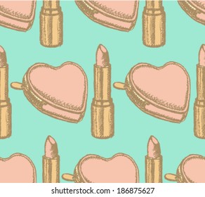 Lipstick and heart wallet sketch, vector retro background