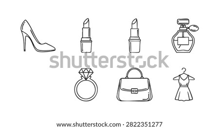 lipstick, high-heel shoe, ring and handbag fashion accessory icons set