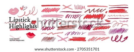 Lipstick highlighter strokes and underlines to emphasize text or beauty design. Red and pink colored pencil or crayon sketchy lines, strokes, smear and strikethroughs. Straight scribble vector set.
