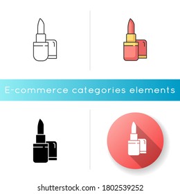Lipstick icon. Female beauty product. Luxury pomade. Woman fashion. Open package for face cosmetic. Fashion and lifestyle. Linear black and RGB color styles. Isolated vector illustrations