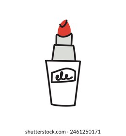 Lipstick icon, female cosmetics doodle, vector illustration of make-up product, red lip gloss, hand drawn object for fashion and beauty, flat cartoon tube, isolated colored clipart