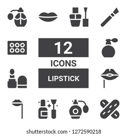 lipstick icon set. Collection of 12 filled lipstick icons included Tongue depressor, Perfume, Nail polish, Lips, Make up, Makeup, Eyeshadow