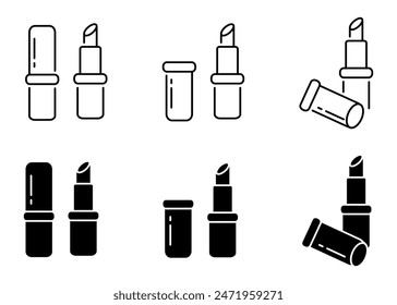 Lippenstift-Symbolsatz. Umriss-Lippenstift-Zeichen. Lippenbalsam schwarze Symbole gesetzt.