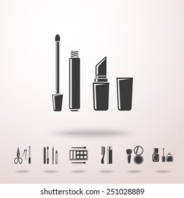 Lipstick icon with shadow, and set of makeup icons - mascara, polish, powders, lipsticks, comb, nail clipper. Vector