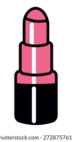 Lippenstift-Symbol. Einfaches Vektorsymbol von rosafarbenem Lippenstift, das teilweise aus einem schwarzen Gehäuse ausgezogen ist. Schick und mutig. Rosa Puppe Ästhetik. 
