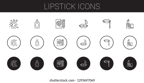 lipstick icons set. Collection of lipstick with perfume, fashion, kiss, fangs. Editable and scalable lipstick icons.