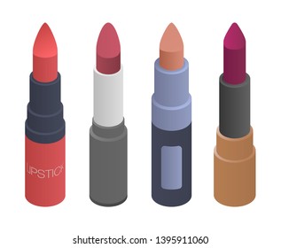 Lipstick icons set. Isometric set of lipstick vector icons for web design isolated on white background