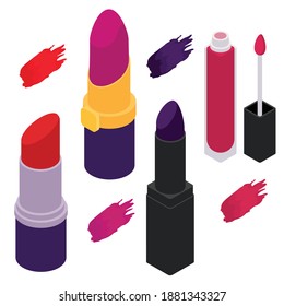 Iconos de lápiz labial. Conjunto isométrico de iconos vectoriales de lápiz labial para diseño web aislado en fondo blanco