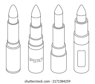 Iconos de lápiz labial. Conjunto isométrico de iconos vectoriales de lápiz labial esquema aislado en fondo blanco