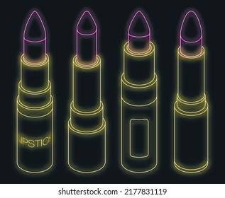 Lipstick icons set. Isometric set of lipstick vector icons neon on black