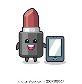 lipstick illustration cartoon holding a smartphone , cute style design for t shirt, sticker, logo element
