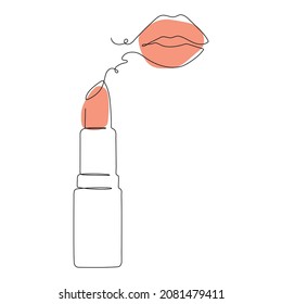 Lipstick and lipstick imprint. One line design. Vector illustration