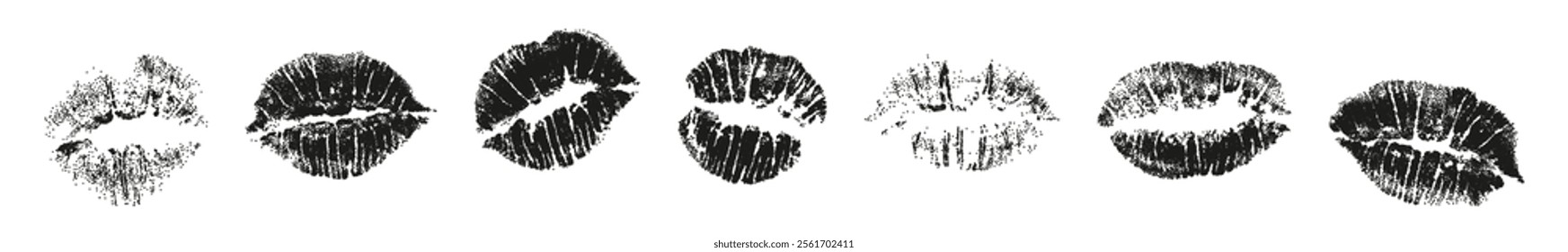 Lipstick imprints trendy stipple photocopy elements set. Lips, kiss marks with grunge grain dotted texture. Love and Valentine's Day modern retro stickers vector illustration on transparent background